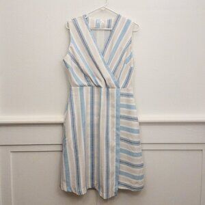 SheFly Blue White Striped Linen Dress Size 40 M Sleeveless Wrap Bodice Summer